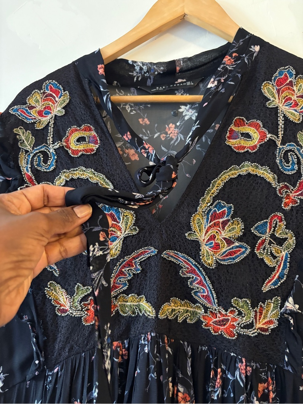 Zara Black Floral Long Sleeve Maxi Dress -Size Large Boho Romantic Dark Floral - Picture 6 of 10